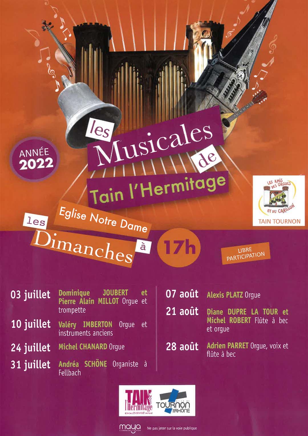 LES MUSICALES DE TAIN. Festival d'orgue. Du 3 juillet au 28 aôut 2022. Eglise Notre Dame, Tain l'Hermitage.