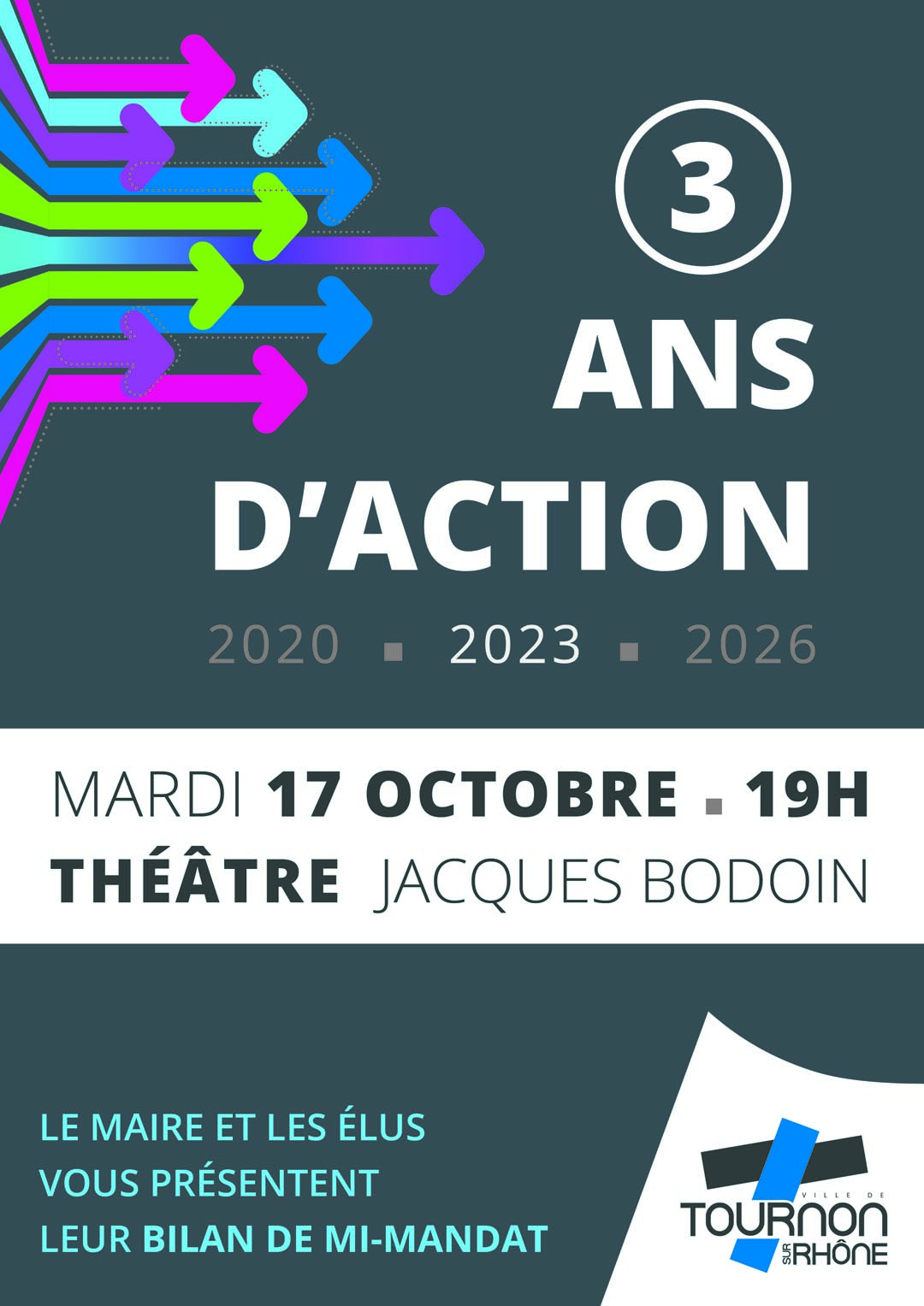 Réunion de présentation du bilan de mi-mandat. Mardi 17 octobre à 19h au Théâtre Jacques Bodoin.
