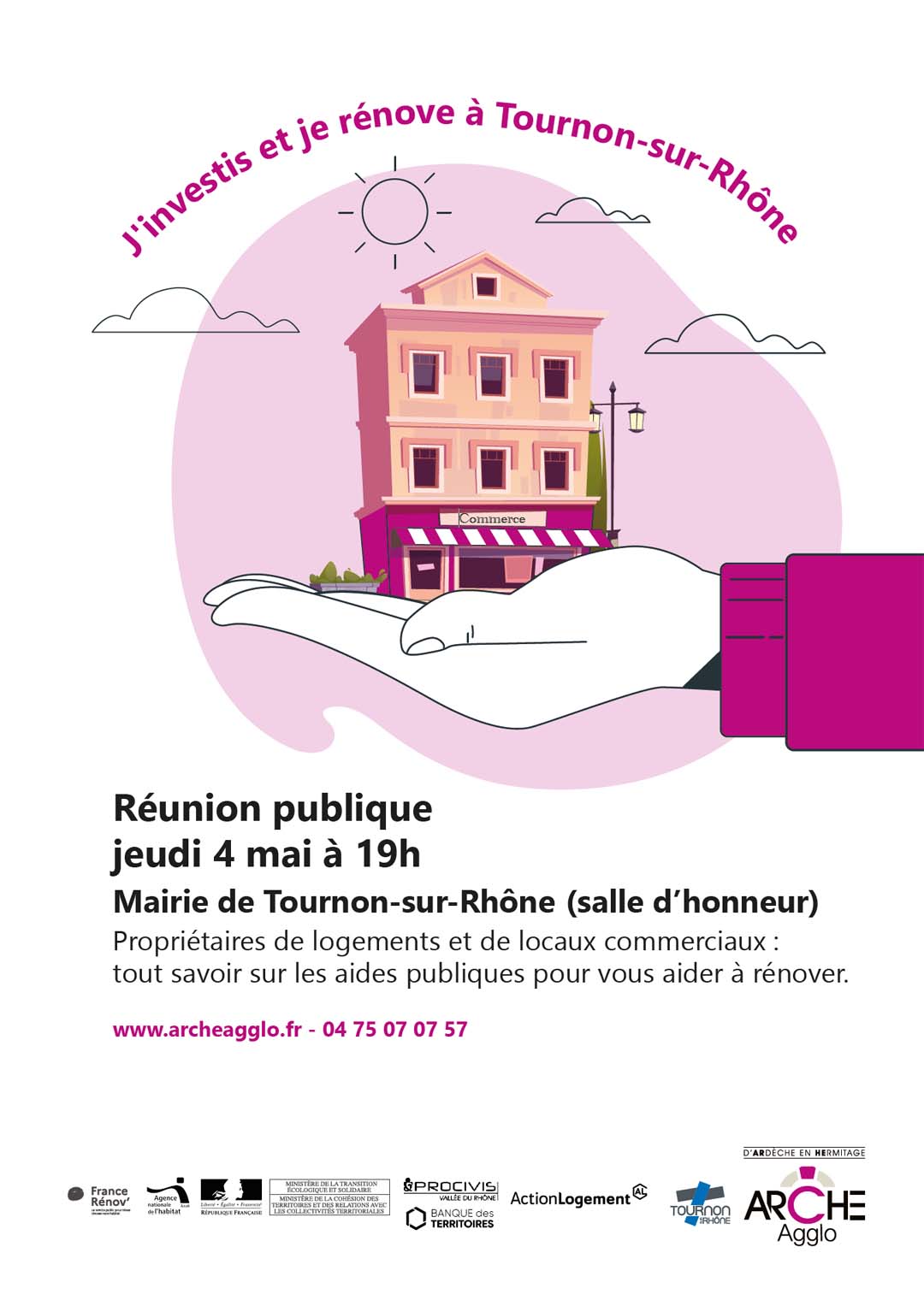 RÉUNION PUBLIQUE PROPRIÉTAIRES LOGEMENTS ET LOCAUX COMMERCIAUX. Jeudi 4 mai à 19h - Mairie de Tournon-sur-Rhône.