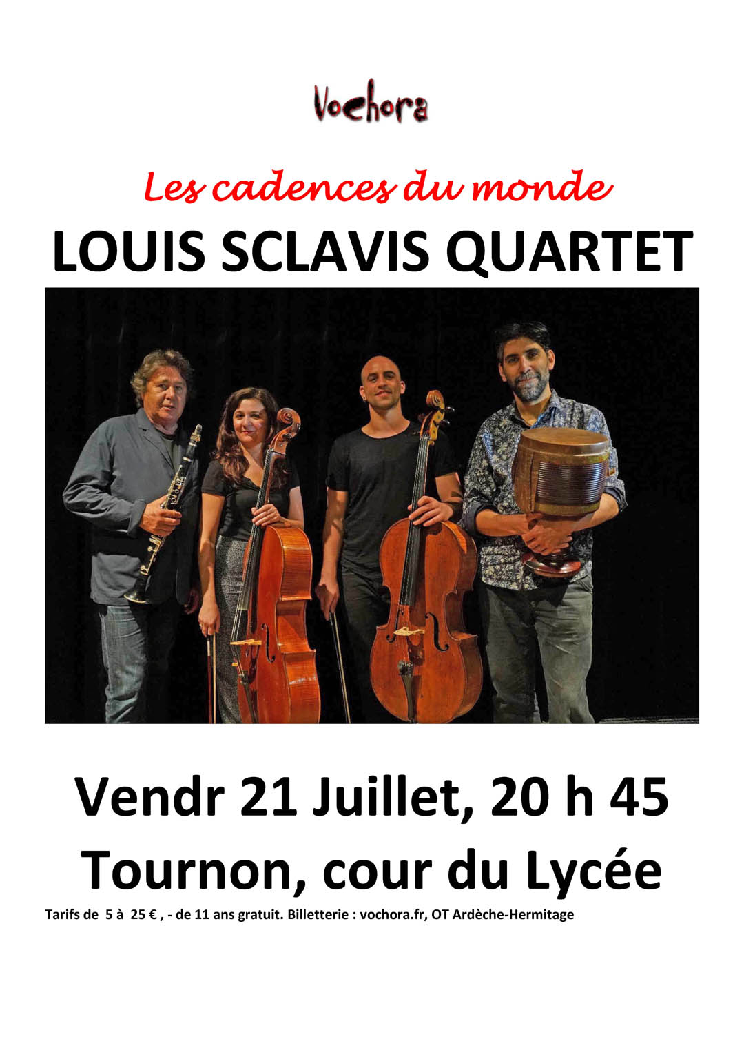 CONCERT VOCHORA : Les cadences du monde - Louis Sclavis Quartet. Vendredi 21 juillet 2023, 20h45 Cour du Lycée.