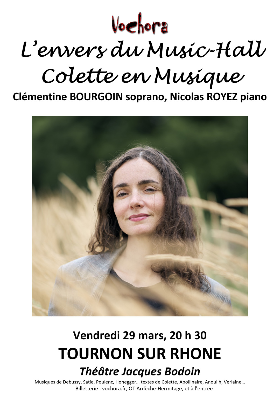 L'ENVERS DU MUSIC-HALL. COLETTE EN MUSIQUE. Proposé par Vochora. Vendredi 29 mars à 20h30 au Théâtre Jacques Bodoin de Tournon-sur-Rhône